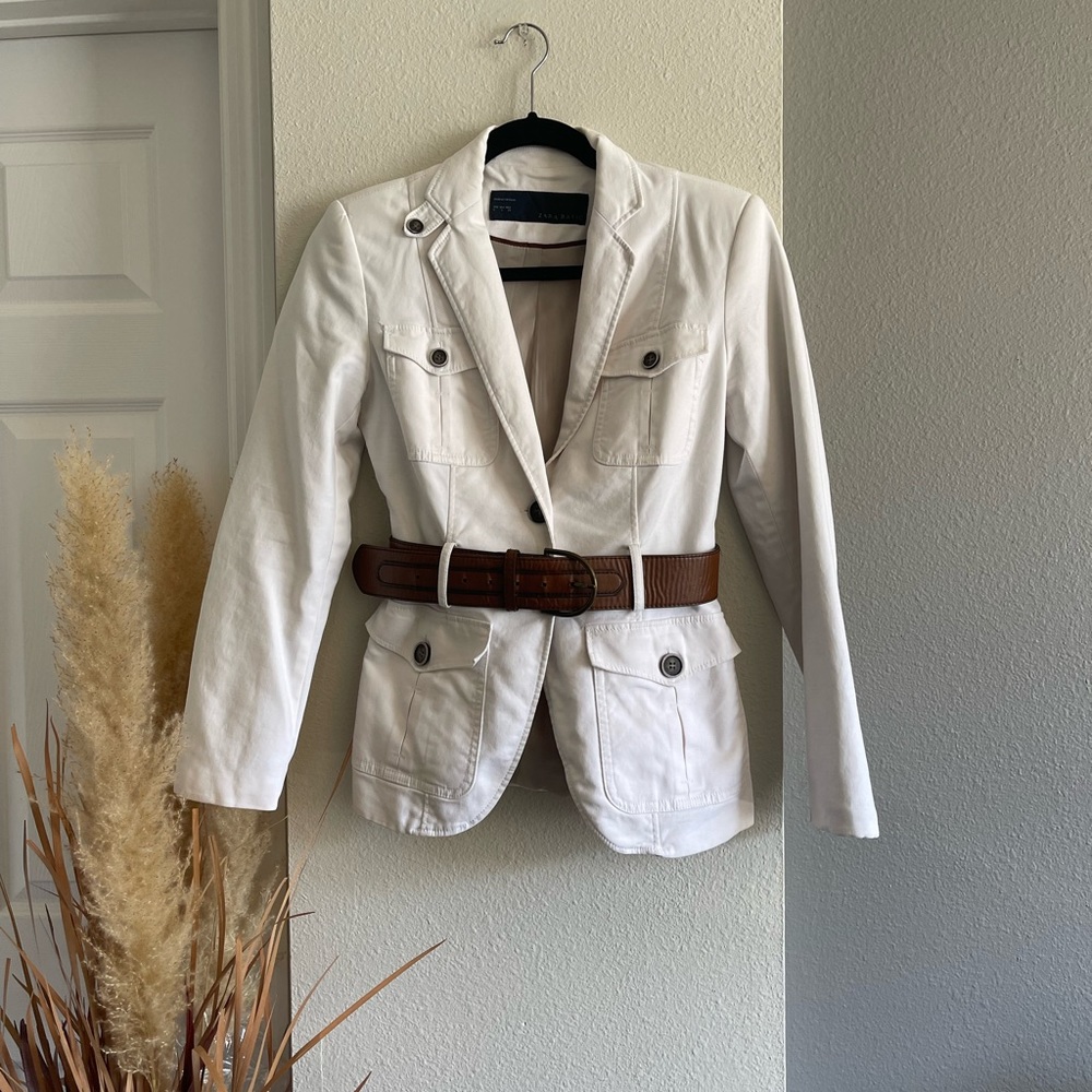 Zara White Belted Blazer